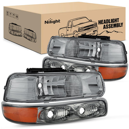 Nilight Headlight Assembly for 1999 2000 2001 2002 Chevy Silverado 1500 1500HD 2500 2500HD 3500 Chevrolet Tahoe Suburban Replacement Headlamp Housing Bumper Lights Set