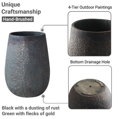 Wallowa 20" H Weathered Concrete Tall Planter, Black Large Outdoor Indoor Decorative Flower Pot with Drainage Hole, Modern Round Style for Home, Garden, Patio, Courtyard, Bronze Rust with Green Tone