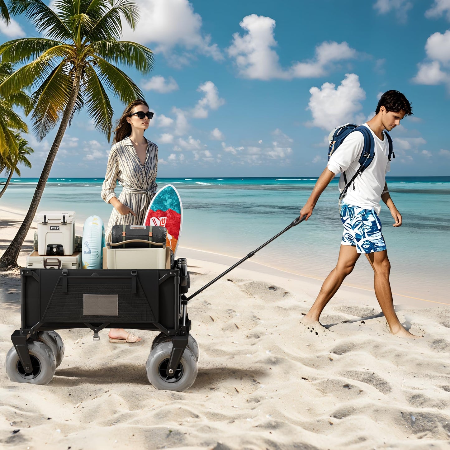 DXZ Beach Wagon Cart with Big Wheels for Sand – Folding Collapsible Wagon, Heavy Duty Wagons Carts Foldable for Beach, Camping, Outdoor Gear, Easy Setup Black Grey