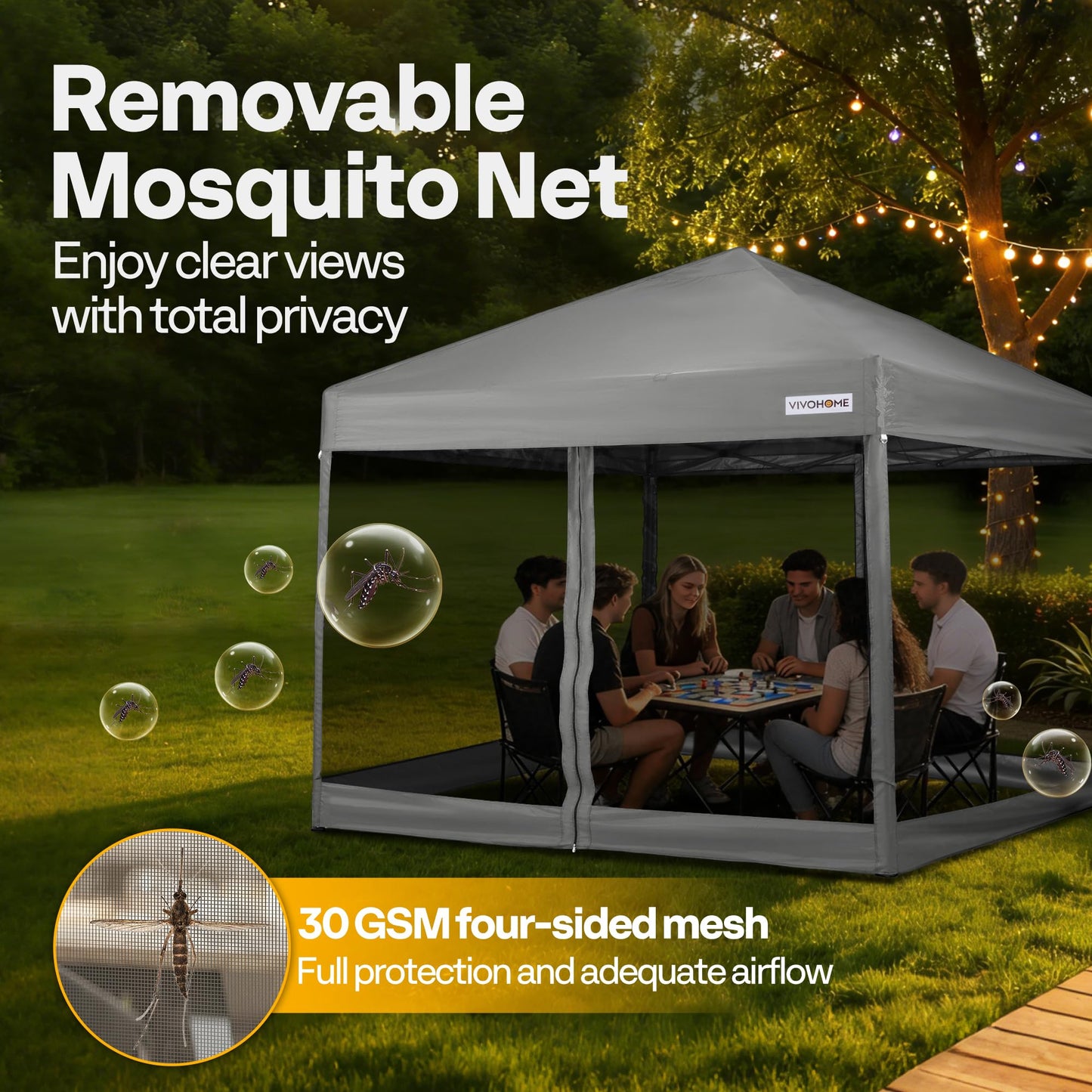 VIVOHOME 10x10ft Easy Pop-Up Canopy, Outdoor Screen Tent with Mosquito Netting, 2 Zipper Doors, and Roller Bag for Yard Camping Picnic Party Events, Grey