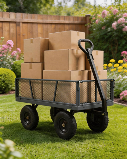 GarveeTech 800LBS Heavy Duty Steel Garden Cart, Garden Wagon Cart on Wheels, Metal Yard Utility Wagon with Removable Mesh Sides, 10" All Terrain Tires, 180° Rotating Handle for Lawn, Garden, Farm