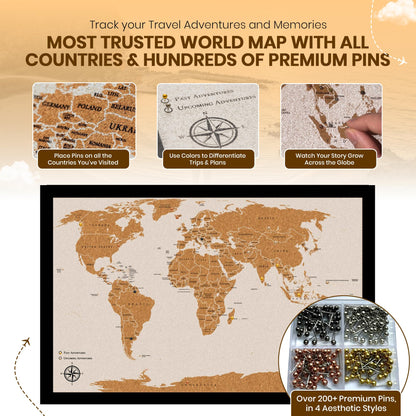 Large Push Pin World Travel Map – 30" x 20" Framed Cork Board Wall Art, Modern World Map with 200 Unique Pins for Tracking Adventures, A Premium Gift for Travelers, Couples and Families