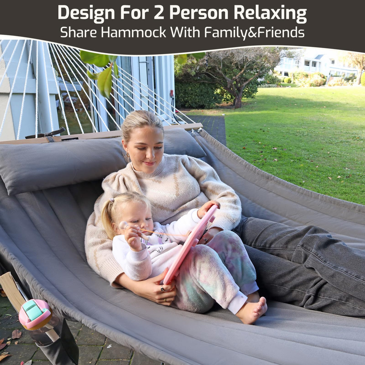 CHULIM Double Quilted Fabric Hammock with Hardwood Spreader Bars and Pillow 450 LBS Capacity 2 Person Large Hammock for Outdoor Patio Backyard Poolside - Green