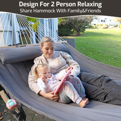 CHULIM Double Quilted Fabric Hammock with Hardwood Spreader Bars and Pillow 450 LBS Capacity 2 Person Large Hammock for Outdoor Patio Backyard Poolside - Green