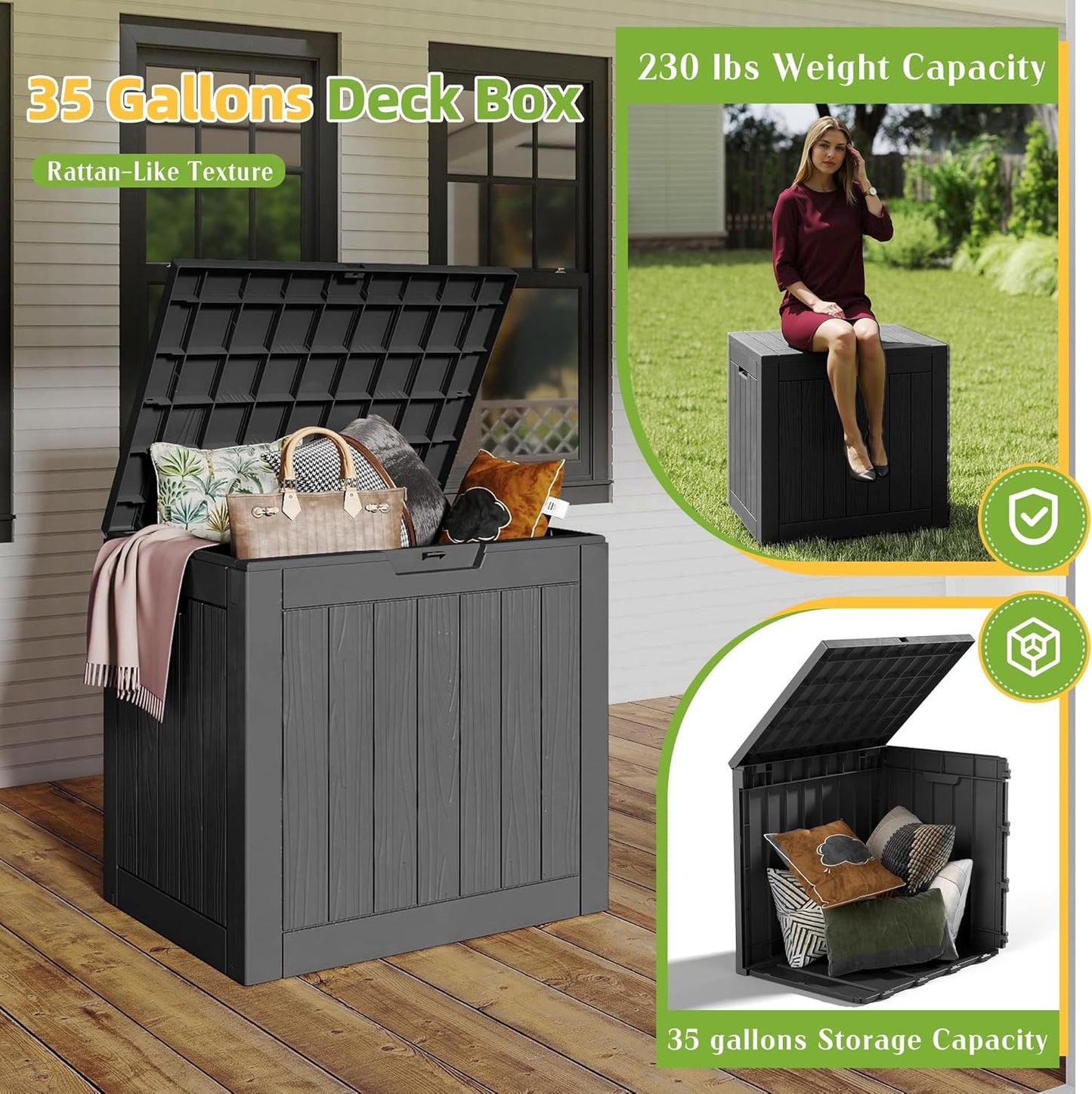 Resin Deck Box 35 Gallon - Waterproof & UV-Resistant Outdoor Storage for Cushions, Tools | Black