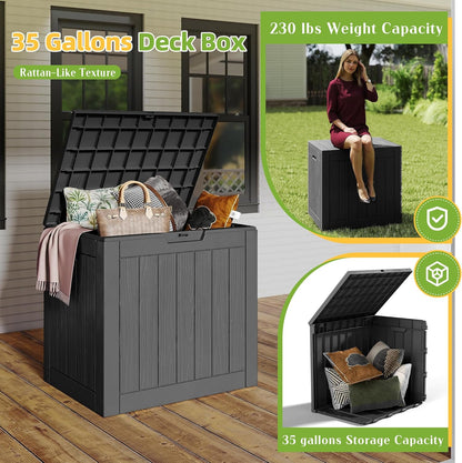Resin Deck Box 35 Gallon - Waterproof & UV-Resistant Outdoor Storage for Cushions, Tools | Black