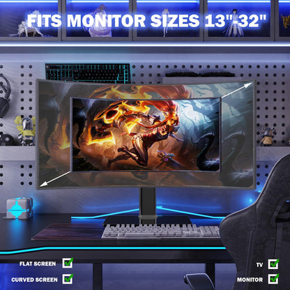 Single LCD Computer Monitor Free-Standing Desk Stand Mount Riser for 13 inch to 32 inch screen with Swivel, Height Adjustable, Rotation, Vesa Base Stand Holds One (1) Screen up to 77Lbs(HT05B-001))