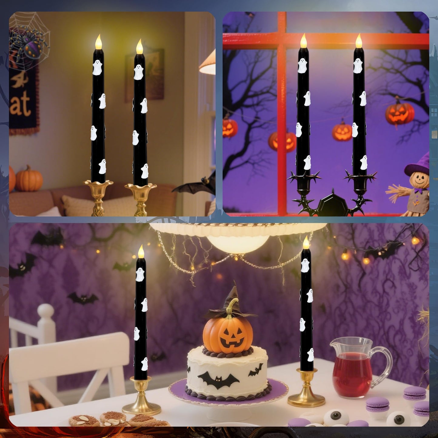Halloween Ghost Flameless Taper Candles with Remote & Timer, Real Wax Black LED Taper Candles for Home Haunted House Halloween Party Decorations, Set of 2