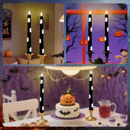 Halloween Ghost Flameless Taper Candles with Remote & Timer, Real Wax Black LED Taper Candles for Home Haunted House Halloween Party Decorations, Set of 2