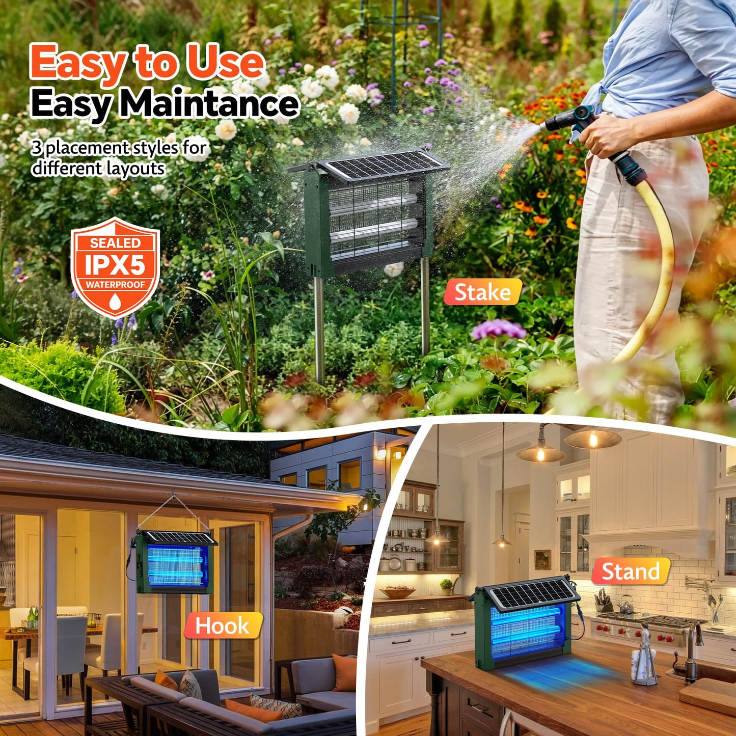 Solar Bug Zapper Outdoor, Dual Solar Panels, 4500V Waterproof Portable Mosquito Zappers, Cordless Fly Trap w/Auto Mode, Rechargeable Mosquitoes Insect Killer for Patio Yard Camping Garage(Green)