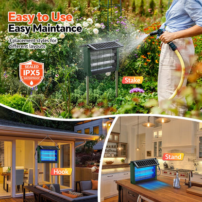 Solar Bug Zapper Outdoor, Dual Solar Panels, 4500V Waterproof Portable Mosquito Zappers, Cordless Fly Trap w/Auto Mode, Rechargeable Mosquitoes Insect Killer for Patio Yard Camping Garage(Green)