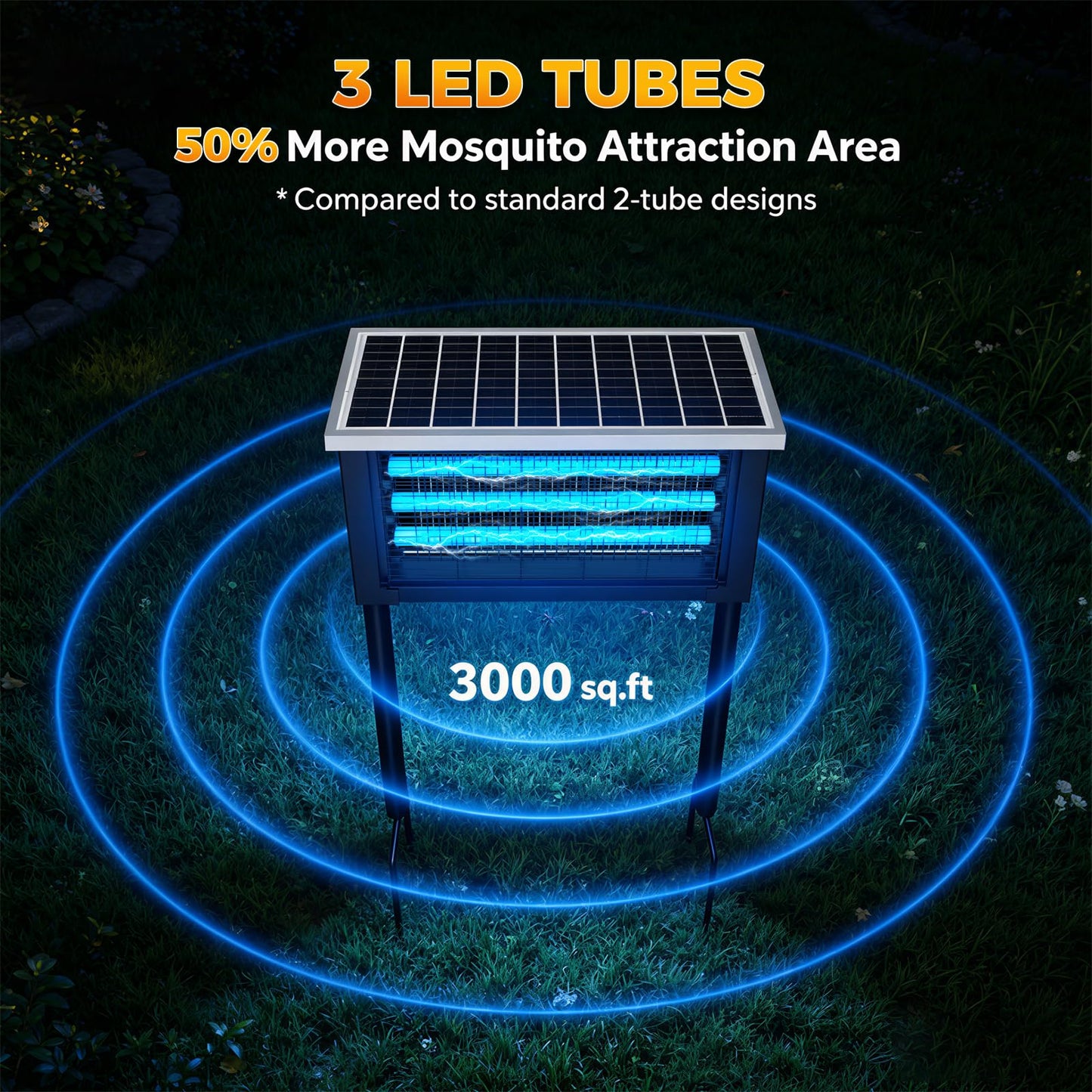 Solar Bug Zapper Outdoor, Poartable Rechargeable Mosquito Zapper with 3 LED Tubes, IPX4 Solar Fly Zapper, Cordless Portable for Patio Garden Backyard RV Camping, with 13W Solar Panel Covers 3000 sq.ft
