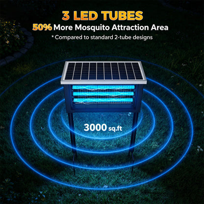 Solar Bug Zapper Outdoor, Poartable Rechargeable Mosquito Zapper with 3 LED Tubes, IPX4 Solar Fly Zapper, Cordless Portable for Patio Garden Backyard RV Camping, with 13W Solar Panel Covers 3000 sq.ft