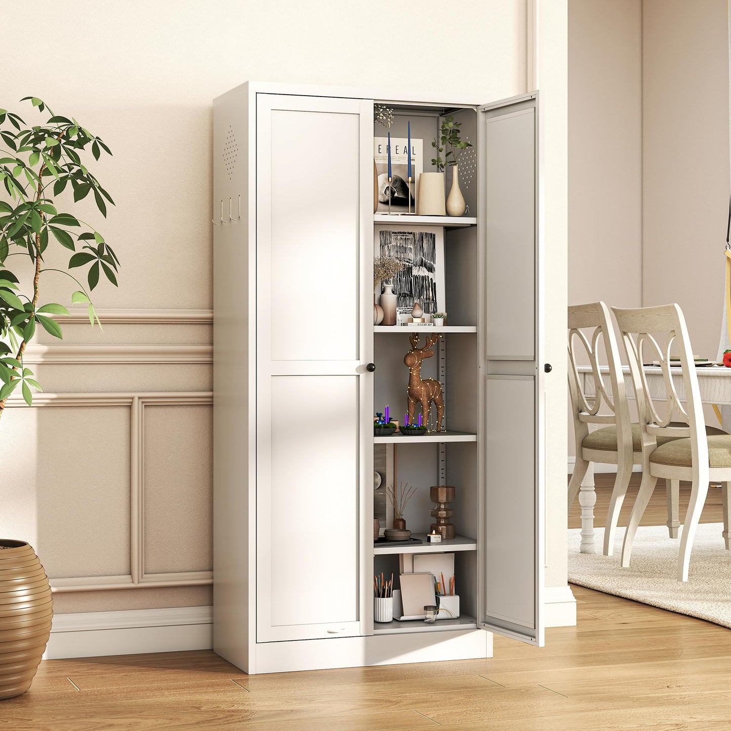 FOSTOKO Kitchen Pantry Cabinet, 61 Inch Tall Storage Cabinet, Metal Cabinet with Doors and Adjustable Shelves, Food Pantry Storage Cabinet for Kitchen Room, White