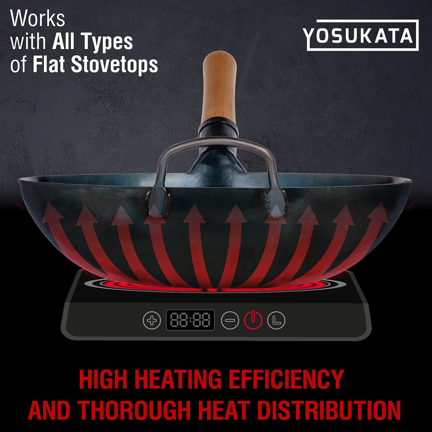 YOSUKATA Flat Bottom Wok Pan - 13.5" Blue Carbon Steel Wok With Lid 12.8 Inch - Premium Stainless Pan Cover with Tempered Glass Insert Steam Holes and Ergonomic Handle