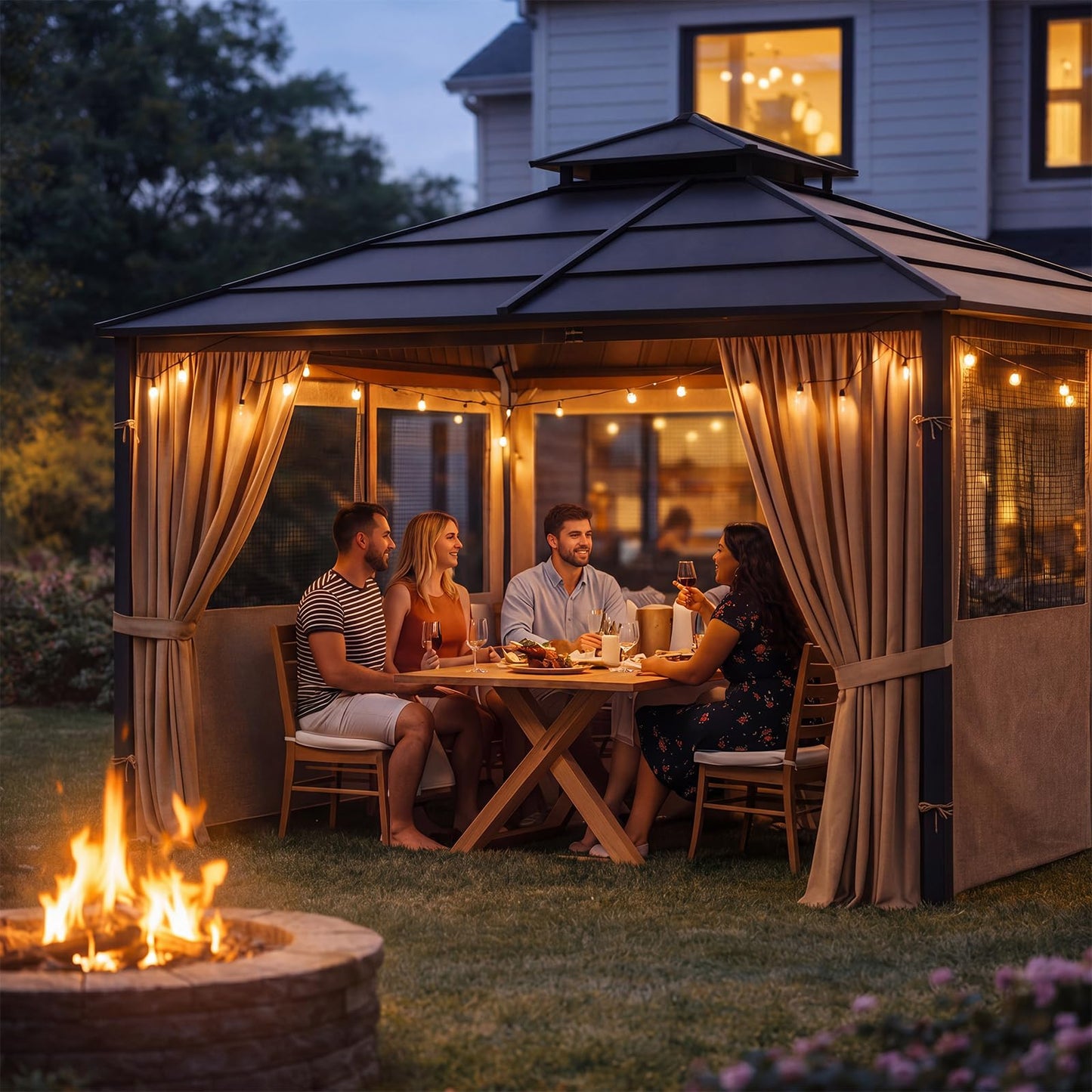 Batiyeer Gazebo Privacy Curtains 10' x 10' Outdoor Gazebo Curtains Waterproof with Mosquito Net Windows, Replacement 4-Panels Side Wall with Zippers for Patio Garden and Backyard, Brown(Curtain Only)