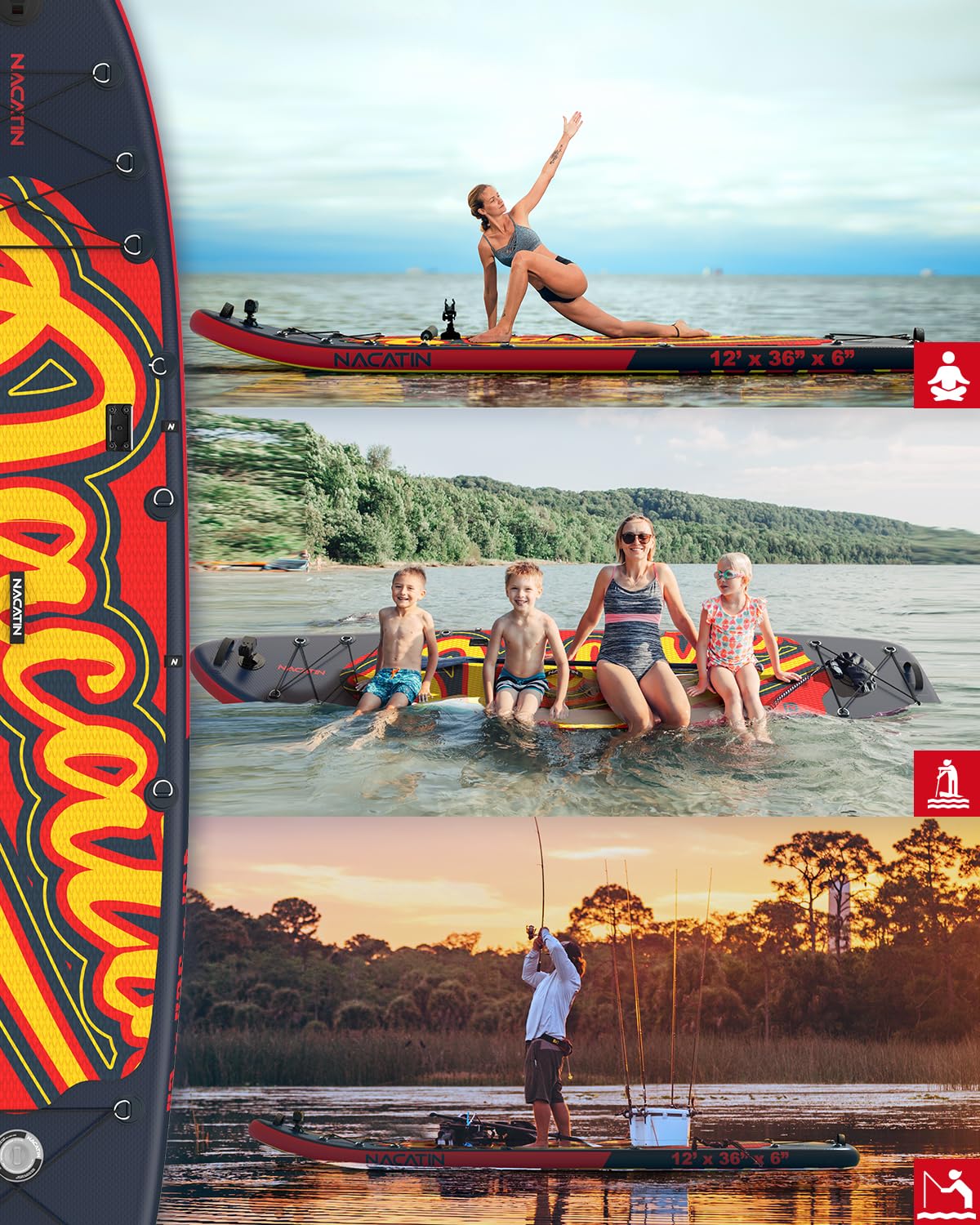 NACATIN 12' Extra Large Inflatable Stand Up Paddle Board with Seat, Wide 36" SUP Board for Adults & Family, with Single/Double Paddle, Kayak Seat, Pump, Stable Wide Deck for Beginners, Lake and River