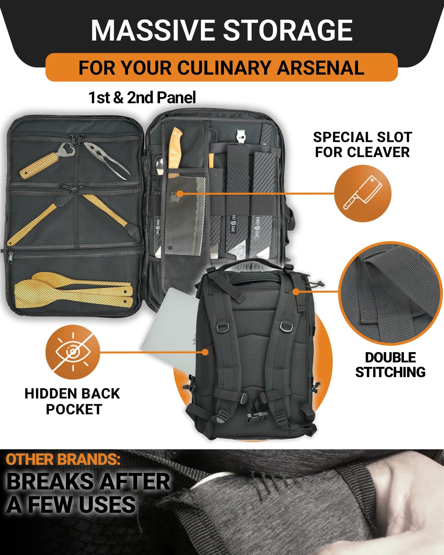 Chef Knife Bag Tactical Backpack XL, 30+ Pocket Knife Carrying Case for Chefs and Culinary Tools, Patented Retention Panels with Hook-and-Loop System, YKK Zippers, Fits 12in Knives