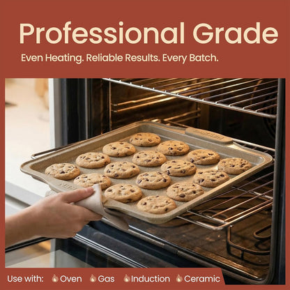 BAKKEN Nonstick Cookie Sheets Set - 3-Piece Stackable Carbon Steel Bakeware with Silicone Handles | White Marble