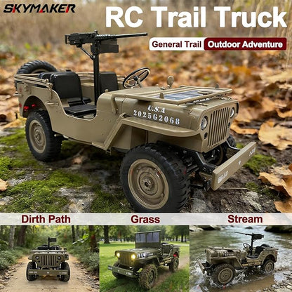 Skymaker RC Trail Truck 4x4 Remote Control Rock Crawler Off Road RC Jeep with Machine Gun &amp Two Batteries RTR All Terrains 2.4GHz Military Car for Adult(Camel)
