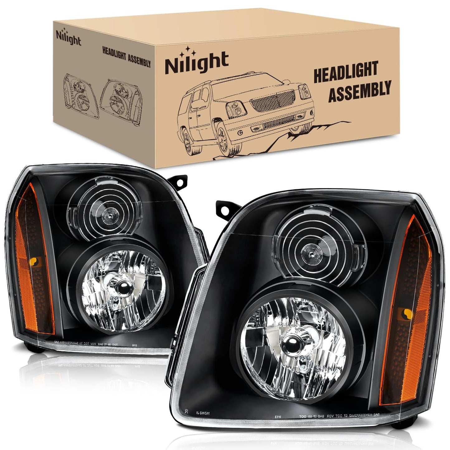 Nilight Headlight Assembly Compatible with 2007 2008 2009 2010 2011 2012 2013 2014 GMC Yukon Halogen Type Factory OE Style Replacement Black Housing Amber Reflector Passenger and Driver Side