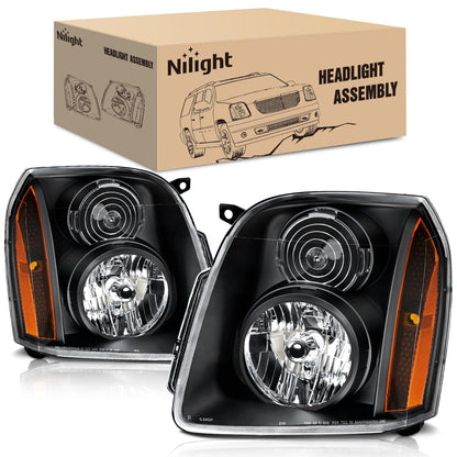 Nilight Headlight Assembly Compatible with 2007 2008 2009 2010 2011 2012 2013 2014 GMC Yukon Halogen Type Factory OE Style Replacement Black Housing Amber Reflector Passenger and Driver Side