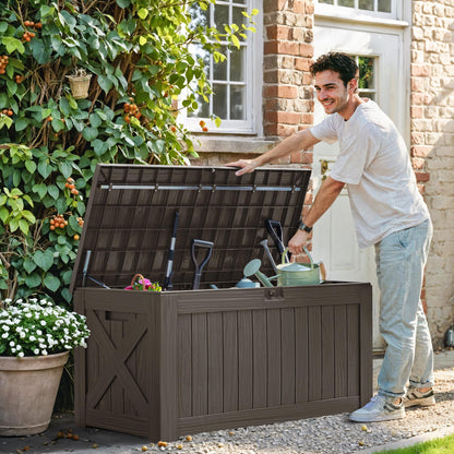 Greesum 120 Gallon Deck Box, Resin Outdoor Storage Container for Patio Furniture, Garden Tools, Pool Accessories, Weatherproof, Lockable, Brown