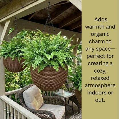 LaLaGreen Hanging Planters for Indoor Plants (11 Inch, 3 Pack) Brown Rattan Style Self-Watering Flower Pots with Water Level Indicator, Plastic Baskets with Metal Chain for Balcony, Porch Garden Decor