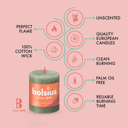 BOLSIUS 4 Pack Sage Green Rustic Pillar Candles - 2.75 X 3.25 inches - Premium European Quality - Includes Natural Plant-Based Wax - Unscented Dripless Smokeless 35 Hour Party and Wedding Candles