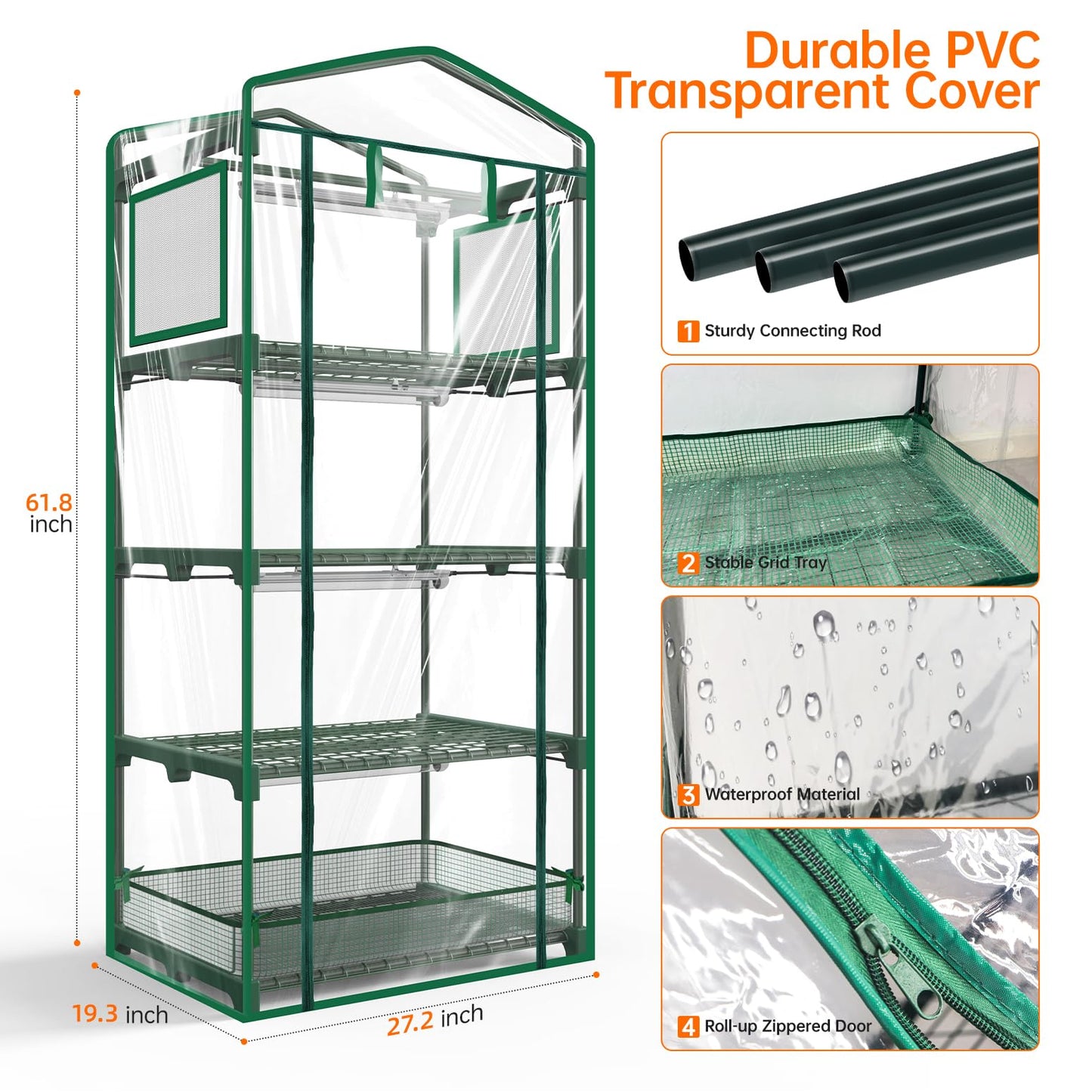 Bstrip Indoor Greenhouse with Grow Lights, PVC Tent with Waterproof Base Mat, Airflow Windows&Zippered Door, 4Pcs Grow Lights for Seed Starting with Timer, 4-Tier Greenhouse Shelf 27.2x19.3x61.8in