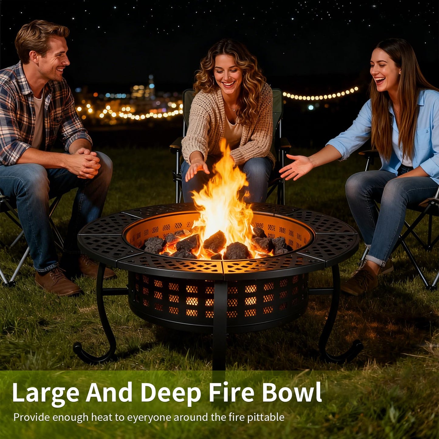 FDW 36 Inch Fire Pit with 2 Adjustable Grills,Wood Burning Fire Pits for Outside with Lid & Fire Poker, BBQ& Outdoor Firepit & Round Metal Table 3 in 1 for Patio, Picnic, Party