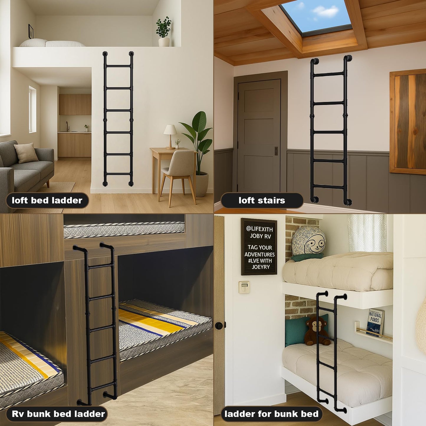 Black 6-Step Wall Mounted Steel Ladder, 6FT Egress Window Well Loft Ladder for Bunk Bed, Camper, RV – Wall/Floor-Mounted Indoor Climb for Basement, Loft, Dorm, Small Spaces