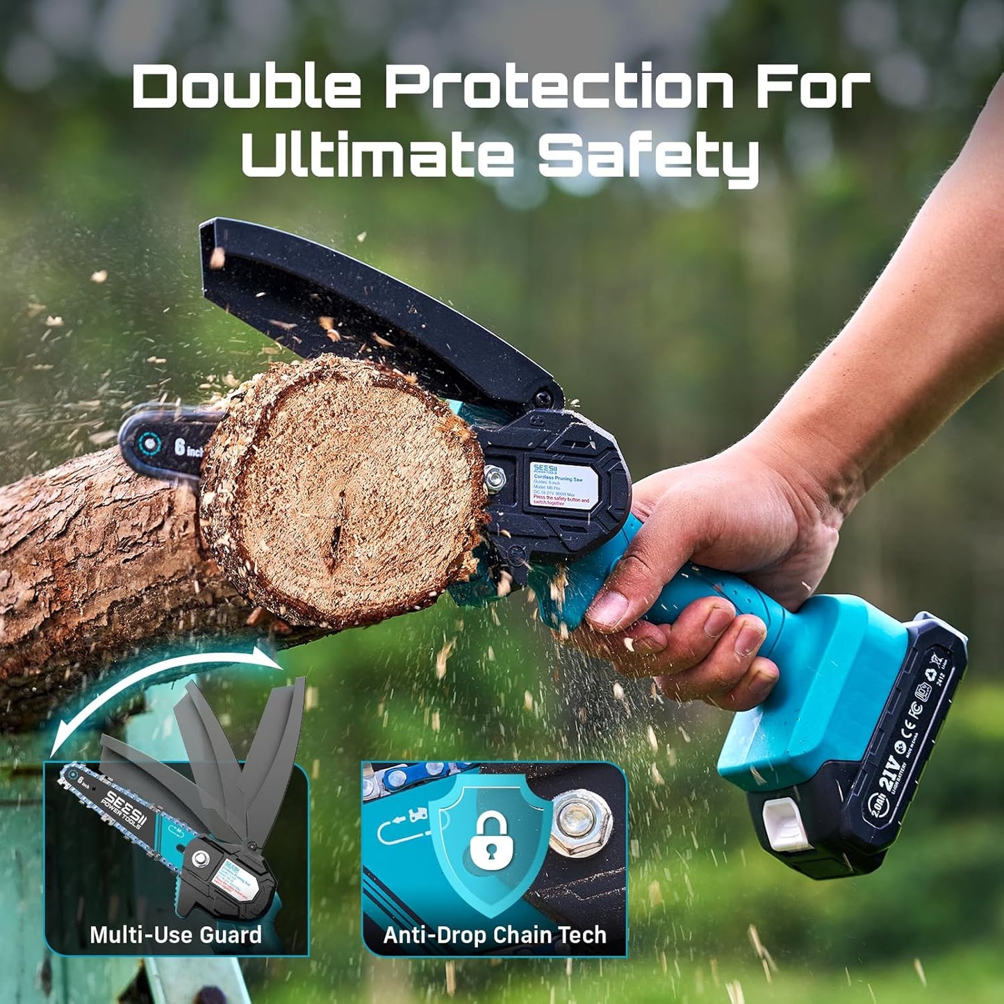 Seesii Mini Chainsaw - 6-Inch Cordless Electric Power Chain Saw with 2 Batteries | Ideal for Tree Trimming & Wood Cutting