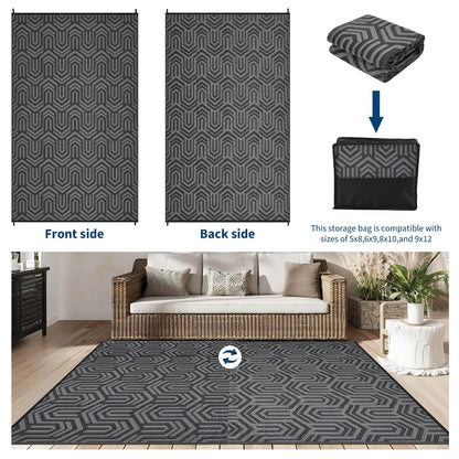 GAOMON 10'x14' Outdoor Rug Waterproof, Reversible Plastic Straw Rug for Poolside, Gazebo, Outdoor Dining Area, Backyard Party – UV Resistant, Heavy Duty, Easy Clean for High Traffic Areas, Black&Grey