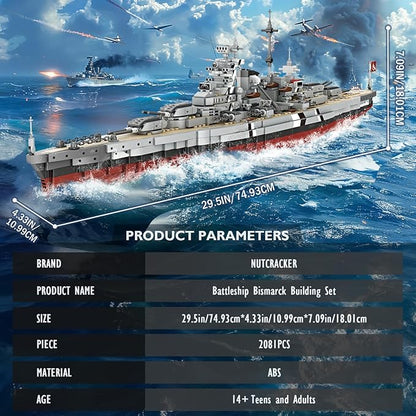 NUTCRACKER Bismarck Battleship Building Block Set 29 Inch German WWII Classic Warship Building Toys (2081 Pcs) MOC Military Theme Boat Model Kit for Adult &amp Teen 14+ Gift for Military Fan