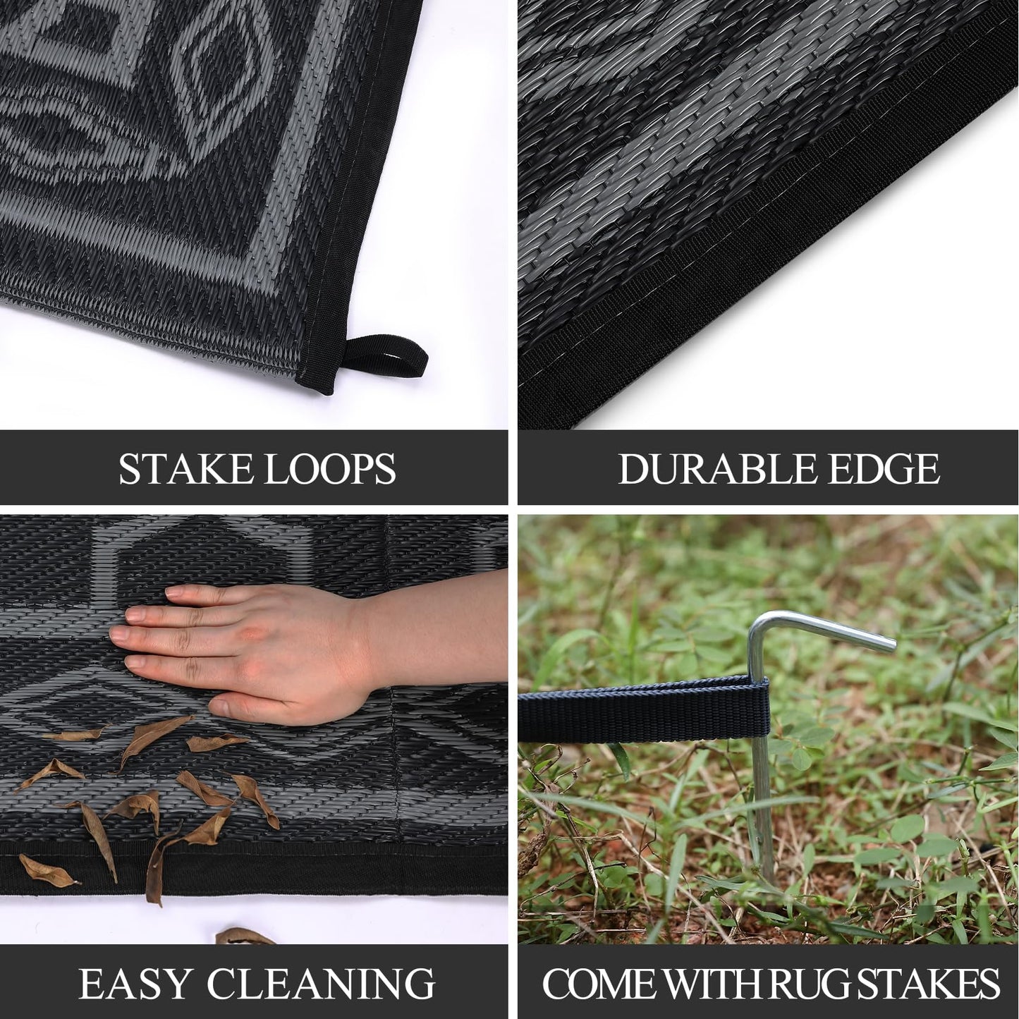 GlowSol Outdoor Rug 9x18 for Patios Waterproof Mat Outdoor Plastic Straw Rug Clearance, Reversible Carpet for Rv,Large Outside Carpet for Porch, Deck, Camper, Balcony, Backyard, Picnic,Black Grey
