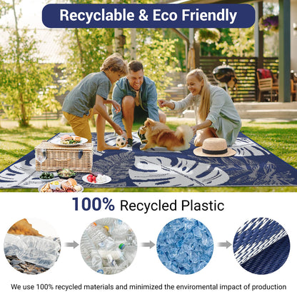 IDEALHOUSE Outdoor Rug 9x18 Ft, Waterproof Plastic Reversible Rug, Modern Leaf Pattern Plastic Camping Mat for Outdoors, RV, Patio, Backyard, Deck, Picnic, Beach, Traile(Dark Blue & White)