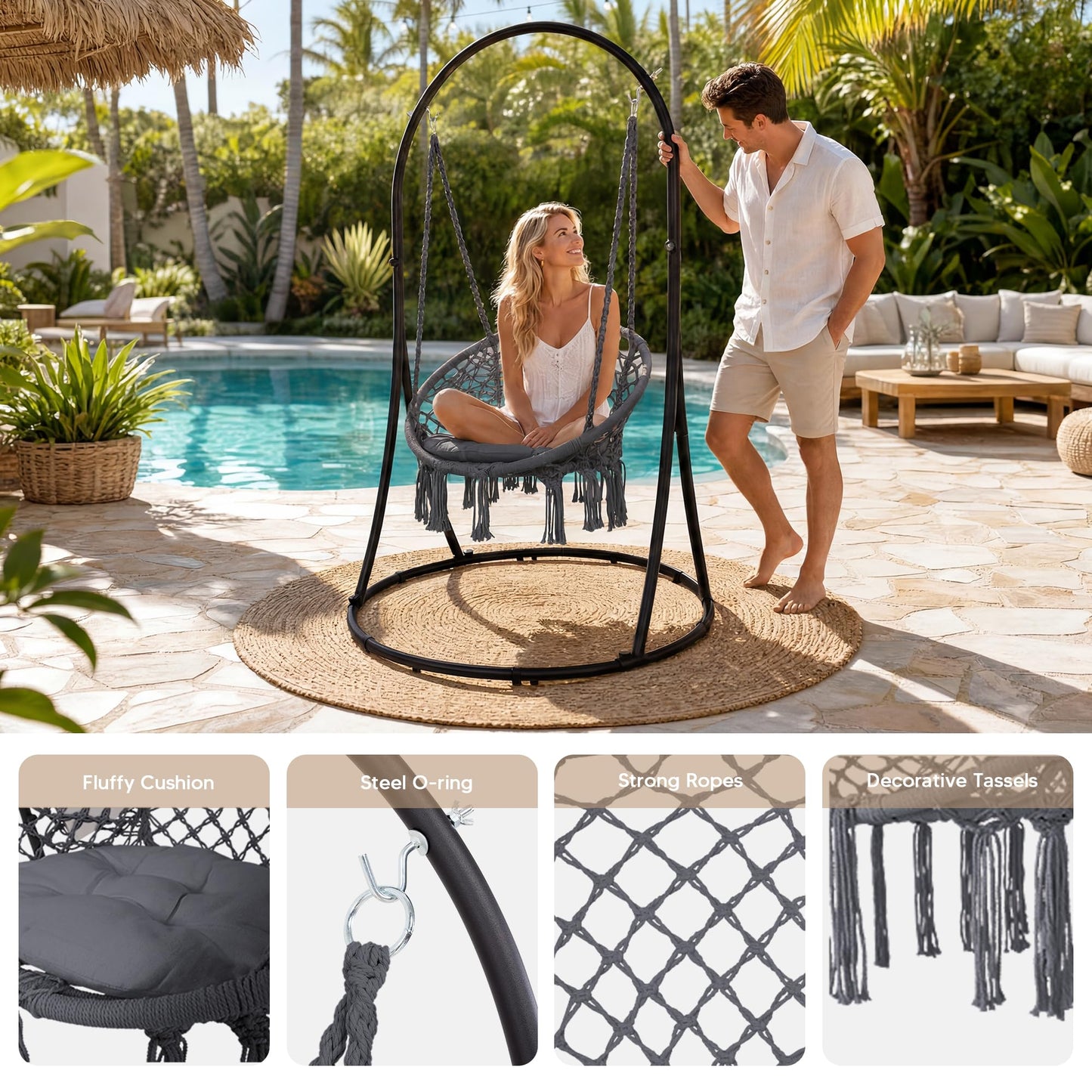 SUNCREAT Indoor Hammock Swing Chair with Stand, Hanging Chair Outdoor with Stand, 330 lbs Capacity, Patented, Grey