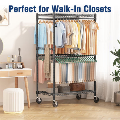 Homdox Heavy Duty Rolling Clothes Rack, Adjustable Clothing Rack for Hanging Clothes, Portable Closet Rack with 4 Hanging Rods, 2 Storage Shelves, 35.5" W x 20.5" D x 80" H, Black