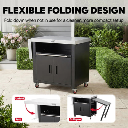 Feasto Outdoor Kitchen Island with Cabinet, Outdoor Grill Table with Stainless Steel Top for Pizza Oven& Griddles, Movable Bar Cart with Pull-Out Plate for Parties& Gathering, Heavy-Duty, L74”x W24”