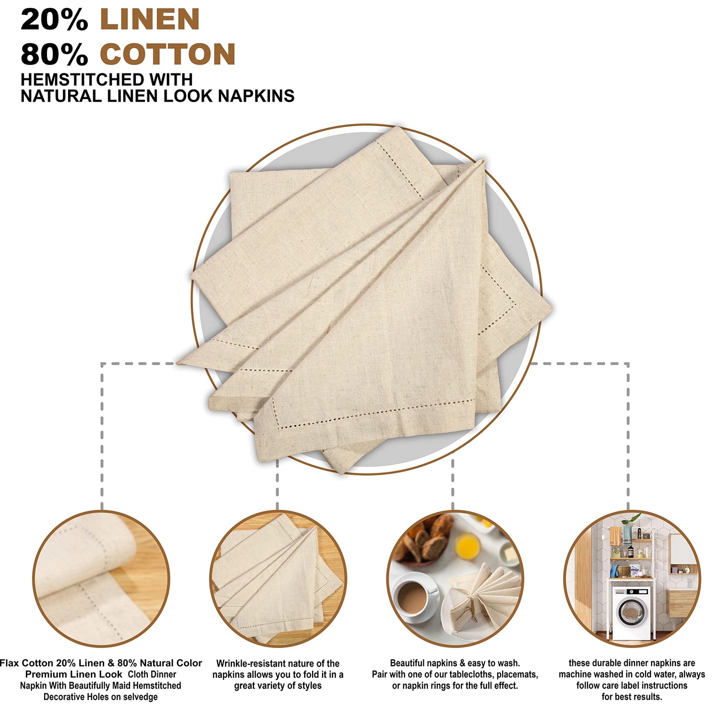 GFI LINEN CLUBS Cotton Flax Linen Cloth Dinner Napkin - Pack of 12 Natural Premium Hemstitched Napkins, 20x20 Inch, Machine Washable, Reusable Table Cloth for Dining, Parties, Weddings & Everyday Use