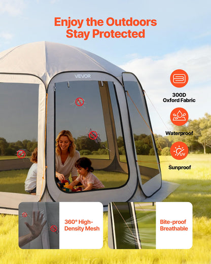 VEVOR Pop up Screen House Tent, 12 x 11 ft, 10-12 Person Screen Gazebo, Portable Screened in Canopy with Carry Bag, Netting Sides, Ground Stakes, for Garden, Patio, Backyard, Outdoor Activities, Beige