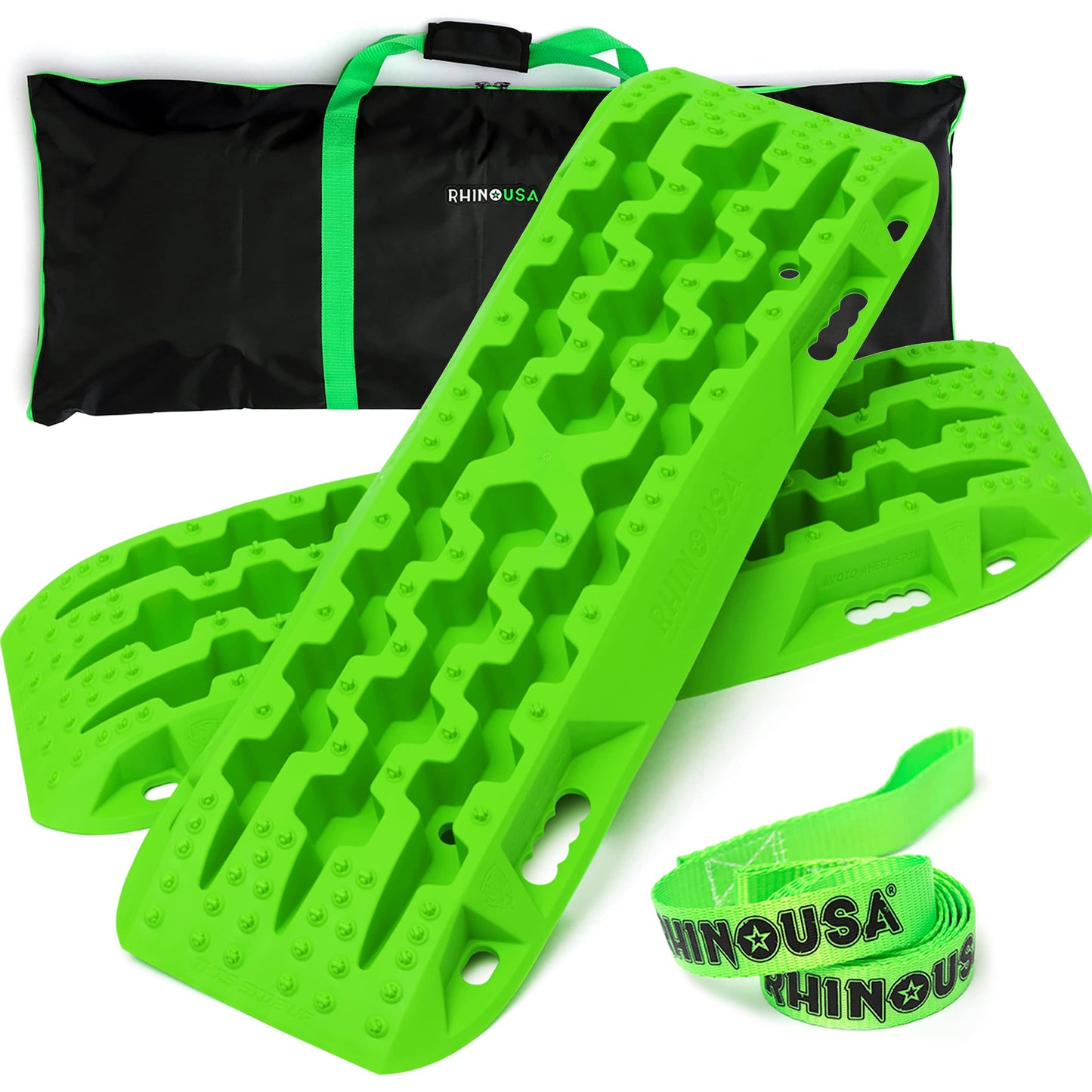Rhino USA Off-Road Recovery Traction Boards - 2 Pack Ultimate Tire Traction Mountable Mats for 4X4 Vehicles in Sand, Mud & Snow. Heavy Duty Zipper Carry Bag and Leashes Included - (Green)