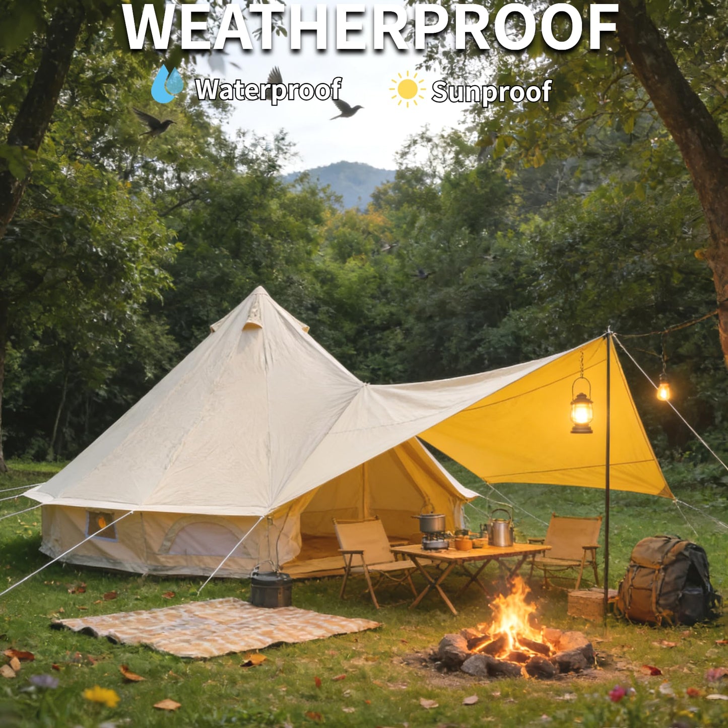 DANCHEL OUTDOOR Waterproof Bell Tent Awning Camping Tarp – Portable Entrance 4 Season Canopy Cover with 6.5ft Poles, Khaki 13x9.8ft Glamping Accessories