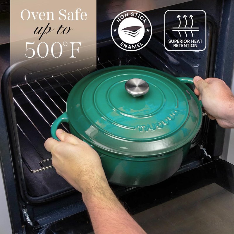 Nuovva Enamelled Cast Iron Dutch Oven Pot with Lid – 6.4 Quart Non Stick Casserole Pot – Heavy Duty & Oven Safe up to 500° F for Bread Baking, Braising, Stews, Roasting – 28cm Dark Green