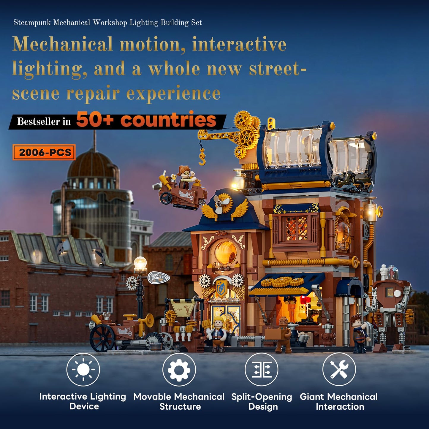 Lumibricks Steampunk Mechanical Workshop Lighting Building-Bricks Set, 2006 Pcs The Sky-Lane Repair Shop Modular Building from Aeronauts Collection Display Set for Adults and Steampunk Lovers