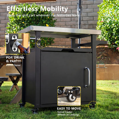 Merax 39.5" Outdoor Grill Cart with Pizza Topping Station, Grill Table Stand with Spice & Paper Rack for BBQ, Movable Food and Prep Workcart, Rolling Kitchen Island, Waterproof Cover Included, Black