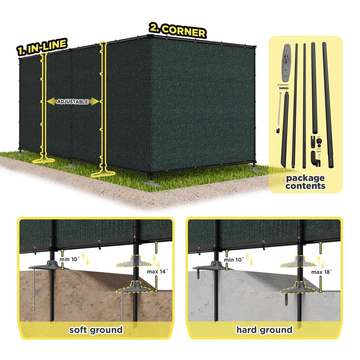 Coonoble 5' x 12' Green Outdoor Privacy Screen Freestanding 240 GSM Privacy Fence Panels for Outside, Pool Fences with Poles, Backyard Temporary Fencing, Privacy Wall Ground Pole Fence