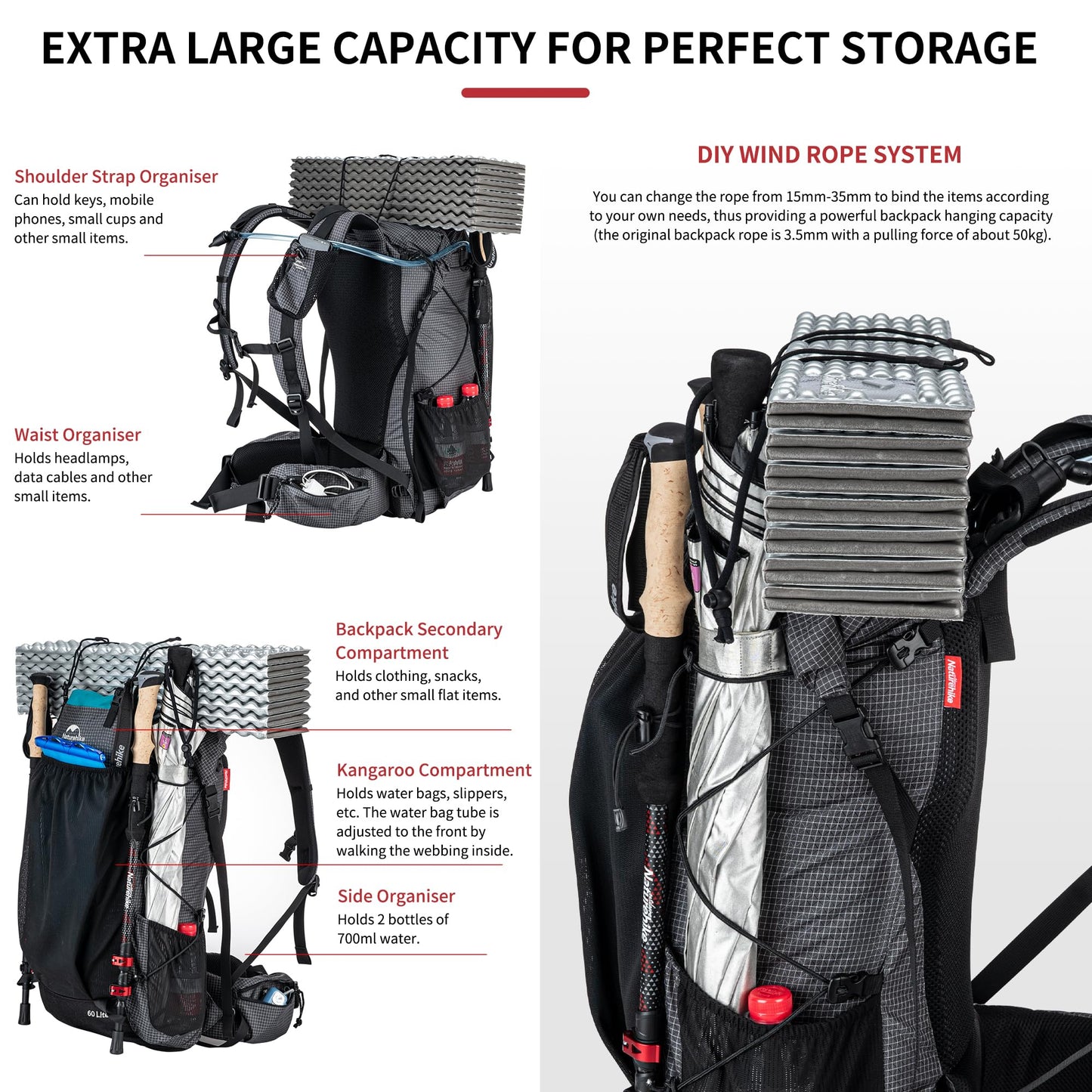 Naturehike 65L Rock Upgraded Internal Frame Hiking Backpack for Outdoor Camping Travel Backpacking with Rain Cover Ultralight Backpack for Adults