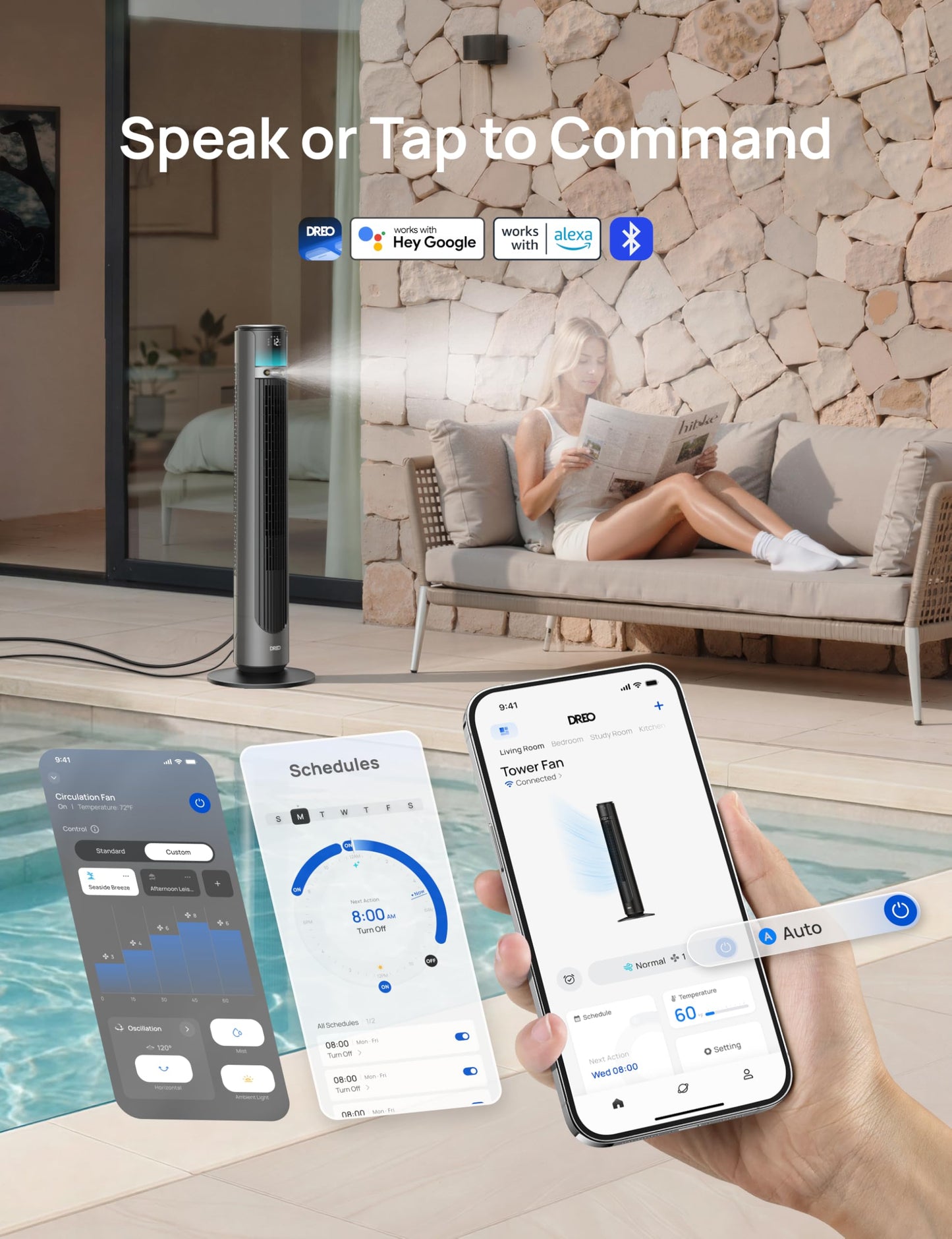 DREO TurboCool Outdoor Misting Fan 711AS, 33 ft/s High Velocity, 12 Speeds, 4 Modes Smart Standing Floor Fan, 150° Customizable Oscillating, 20 dB Quiet DC Motor for Bedroom, Weather Resistant